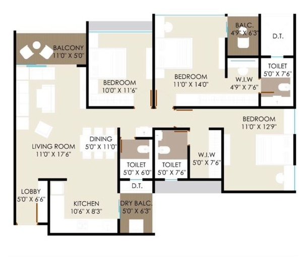 Akshara Mayfair 3 BHK Premium 1200 sq.ft. floor plan